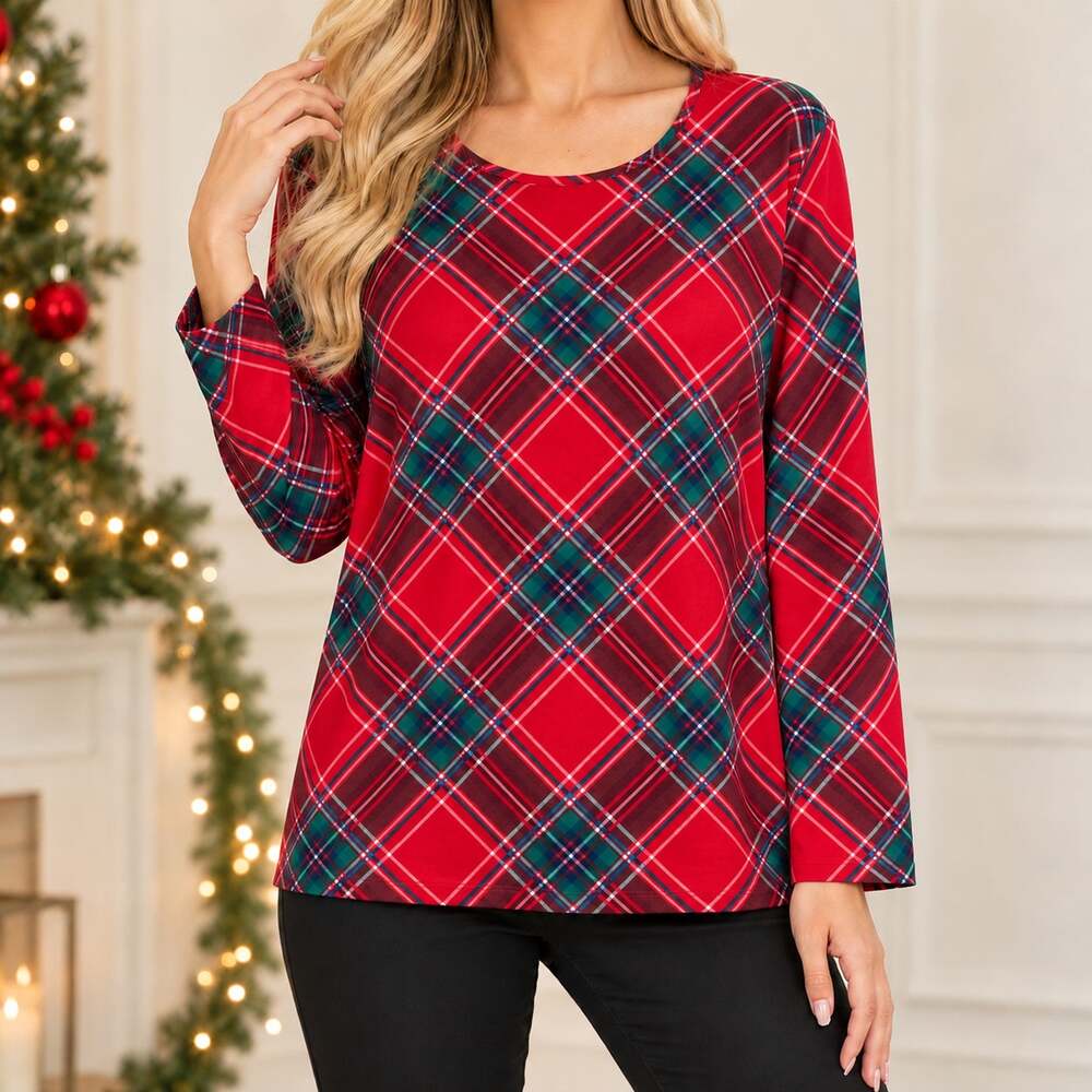 The TALBOTS Tee Plus Size 1X Red Cozy Soft Plaid Christmas Blouse Shirt Top